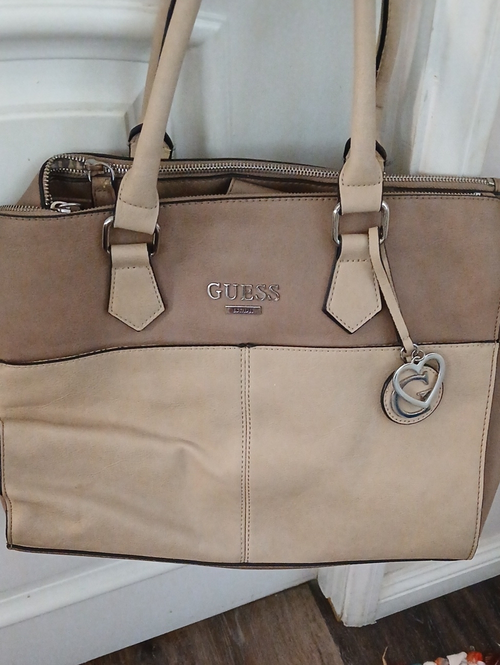 Vintage GUESS Two-Tone Taupe and Cream Tote with Heart Charm